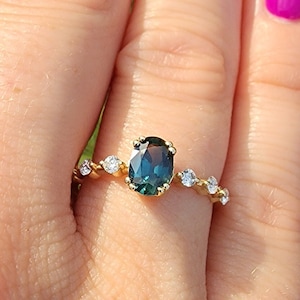 Teal Sapphire Engagement Ring Unique Oval Blue Green Sapphire Ring 14k/18k Gold Solitaire Wedding Bridal Ring Anniversary Ring