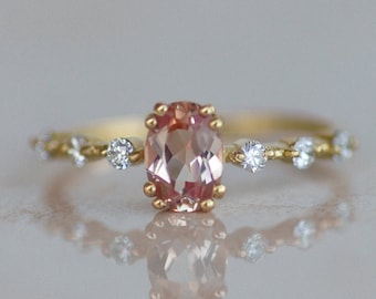 Dainty 14K Gold Natural Morganite Anniversary Ring Gift for Her, Oval Morganite Fine Jewelry