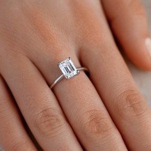 Emerald Diamond Ring, IGI Certified E Color VS1 Clarity, Emerald Cut Lab Grown Diamond, Solitaire Hidden Halo Engagement Ring 14k White Gold