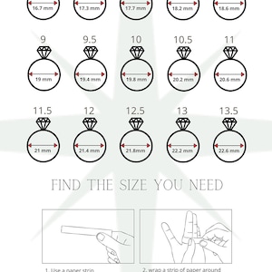 May include: Size chart for rings, showing US and Canada sizes from 4 to 13.5, with inside diameters in millimeters. Includes instructions on how to measure finger size using a paper strip and ruler. The brand name "SPARK & BLOOM" is at the bottom.