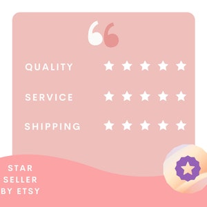 May include: A pink graphic with the words "QUALITY", "SERVICE", and "SHIPPING" with five stars each. The text "STAR SELLER BY ETSY" is at the bottom, and a badge with a star is in the lower right corner.
