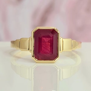 Ruby Ring Art Deco / Engagement Ring Emerald Shape / Bezel Set Yellow-white 14K-18K Gold / Big Red Gemstone / anniversary gift Natural Ruby