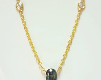 Sapphire Necklace, Oval Sapphire Pendant 14k Gold Chain With 2 Falling Diamonds
