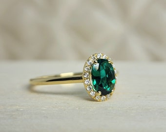 Emerald Engagement Ring Diamond Halo Ring for Wife to Be Oval Cut Dainty Ring