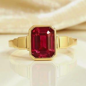 Ruby Ring Art Deco / Engagement Ring Emerald Shape / Bezel Set Yellow-white 14K-18K Gold / Big Red Gemstone / anniversary gift Natural Ruby