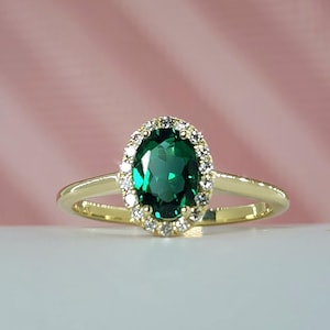 Emerald Ring, Emerald Diamond Halo Ring, Green Gemstone Ring, May Birthstone Ring, Green Oval Ring