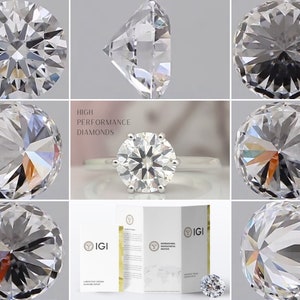 May include: A collection of images showcasing a brilliant-cut diamond from multiple angles. The images highlight the facets and clarity of the gemstone, including a side profile view and a close-up of a diamond ring. The text "HIGH PERFORMANCE DIAMONDS" is visible.