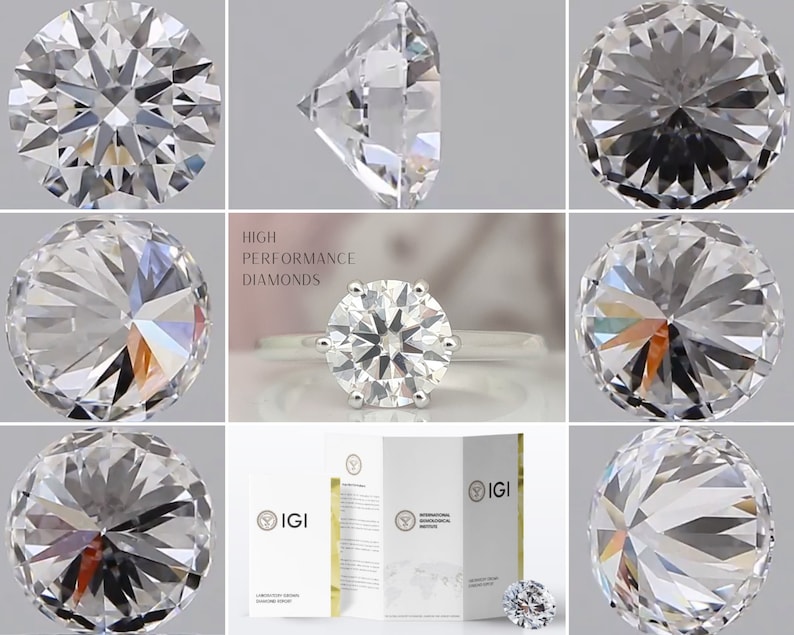 May include: A collection of images showcasing a brilliant-cut diamond from multiple angles. The images highlight the facets and clarity of the gemstone, including a side profile view and a close-up of a diamond ring. The text "HIGH PERFORMANCE DIAMONDS" is visible.
