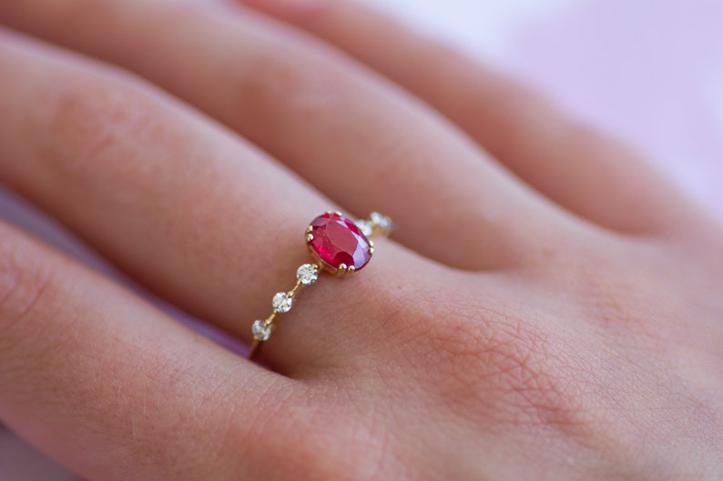 Ruby Ring Oval Cut Side Diamonds, 14K Solid Gold 1 Carat Natural ...