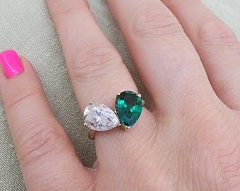 Anillo Toi et Moi: anillo de compromiso de dos piedras con esmeralda de 1,50 quilates y diamante de 1,50 quilates en oro de 14 quilates/18 quilates
