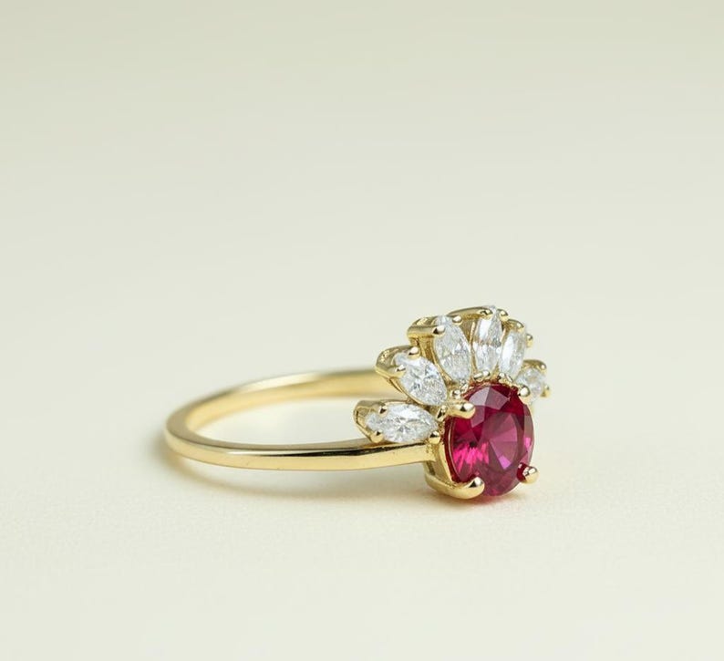 14k Gold Ruby Ring Handcrafted Cluster Design July Birthstone Red ...