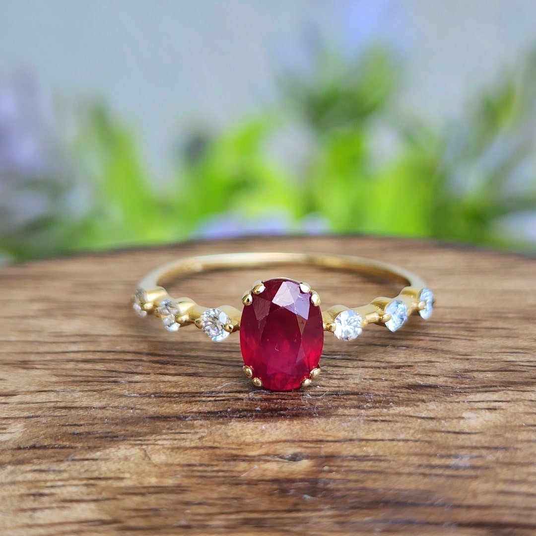 Ruby Ring Oval Cut Side Diamonds, 14K Solid Gold 1 Carat Natural ...