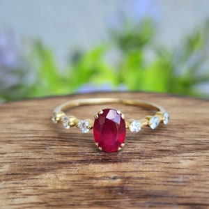 Ruby Ring Oval Cut Side Diamonds, 14K Solid Gold  1 Carat Natural Gemstone, Handmade Jewelry, Delicate Gift for Her