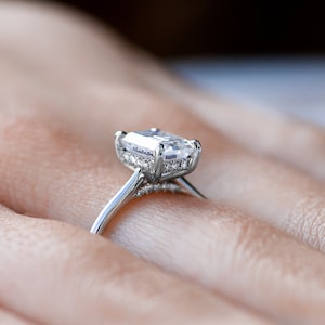 Moissanite Emerald Cut 14k Gold Hidden Halo Engagement Ring