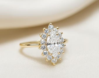 Diamanten ring, 14k gouden halo-marquise-ring, verlovingsart deco