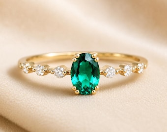 Oval Emerald Diamond Engagement Ring, 14k Gold, 7x5mm Gemstone Ring