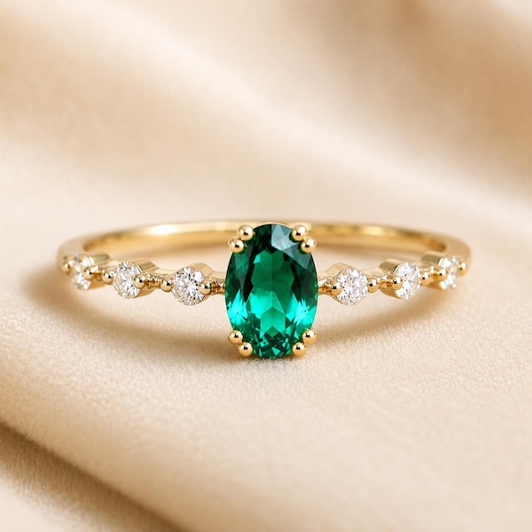 Oval Emerald Diamond Engagement Ring, 14k Gold, 7x5mm Gemstone Ring