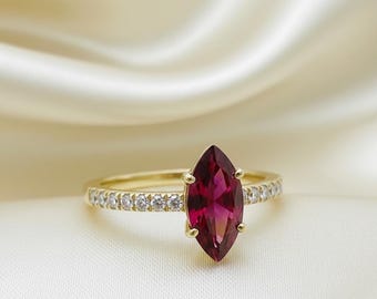 Marquise Ruby Ring, 14k Gold Side Diamond Ring, Art Deco