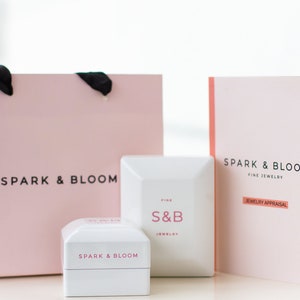 May include: A pink shopping bag, jewelry boxes, and a jewelry appraisal card. The bag and boxes are white and pink with the text "SPARK & BLOOM" and "S&B JEWELRY". The appraisal card is pink with black text.