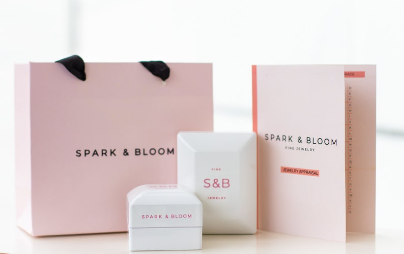 May include: A pink shopping bag, jewelry boxes, and a jewelry appraisal card. The bag and boxes are white and pink with the text "SPARK & BLOOM" and "S&B JEWELRY". The appraisal card is pink with black text.