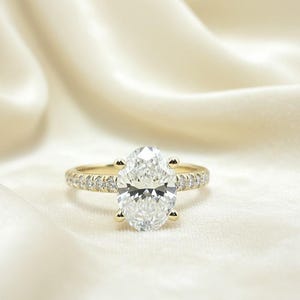 1.5 Carat Oval Lab Diamond Engagement Ring: 14k Yellow Gold Hidden Halo