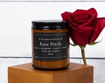 Rose Petals Soy Candle, Rose Scented Candle, Amber Jar Candle, Floral Candle, Natural Rose Petals Candle, Gift for Her