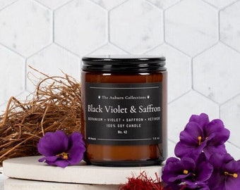 Black Violet & Saffron Soy Candle, Floral Scented Candle, Soy Wax Scented Candle,Amber Jar Candle, Floral Earthy Candle, Gift for Her