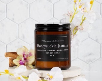 Honeysuckle Jasmine Soy Candle, Amber Jar Candle, Floral Spring Candles, Natural Soy Candles, Jasmine Candles, Floral Aromatherapy Candles