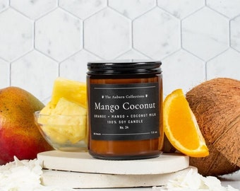 Mango Coconut Milk Soy Candle, Tropical Candle, Pineapple candle, Amber Jar Candle, Mango Candle, Coconut Milk Candle, Summer Candle