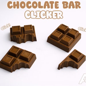 May include: Four brown chocolate bar clickers, some with a bite taken out. The image includes the text "CHOCOLATE BAR CLICKER" and "Click!". The clickers are designed to resemble chocolate bars.