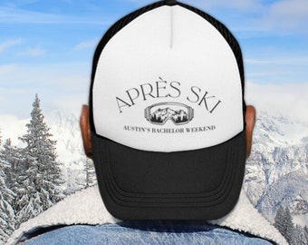 apres ski bachelor party trucker hat, winter bachelor party favors, mens trucker hats, snow bachelor party, bachelor party baseball hats