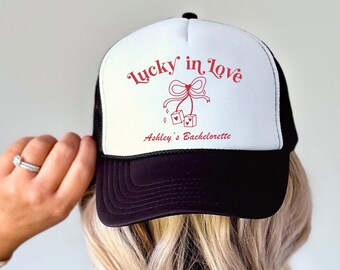 Lucky In Love Trucker Hat, Vegas Bachelorette Party, Vegas Before Vows, Bachelorette Hats, Custom Location Luxury Bachelorette Trucker Hats