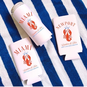 Lobsters and Tinis slim can coolers, Coastal Bachelorette Favors, Beach Bachelorette Coozies,  Custom location drink sleeves, Lobster Party