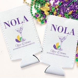 Nola Bachelorette Coozie, Beads Booze and I Dos, New Orleans Bachelorette Favors, Slim Can Drink Sleeves, mardi gras party coozies, Custom