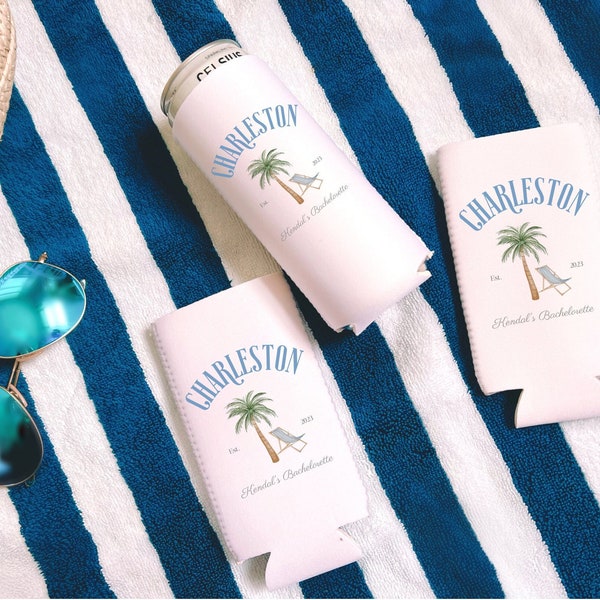 Charleston bachelorette favors, custom Charleston Slim Can Coozie, Bachelorette party Coozie, beach bachelorette party favors, last splash