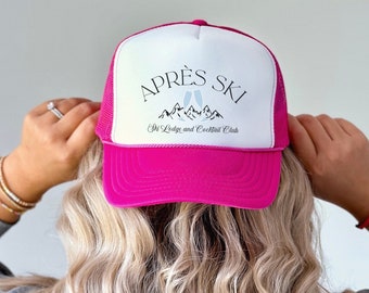 apres skis trucker hat, winter bachelorette party favors, snow in love bachelorette, aspen bachelorette, ski trip trucker hat, cocktail club