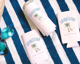Charleston bachelorette favors, custom Charleston Slim Can Coozie, Bachelorette party Coozie, beach bachelorette party favors, last splash