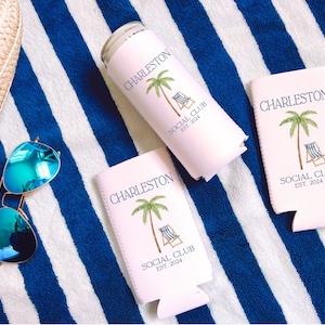 Charleston bachelorette, Charleston bachelorette favors, personalized bachelorette coozie, beach bachelorette party favors, tropical Bach