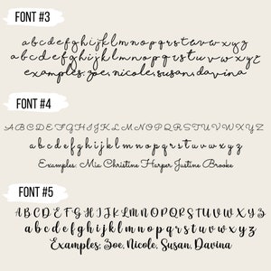 May include: A digital image showing three different font styles with examples of names written in each style. The font styles are labeled as Font #3, Font #4, and Font #5. The examples of names are: Zoe, Nicole, Susan, Davina, Mia Christine Harper Justine Brooke.