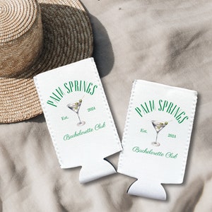 Palm Springs Slim Can Coolers, Custom Location Bachelorette Coozies, Bikinis and Martinis Bachelorette Drink Sleeves, Cocktail Bachelorette