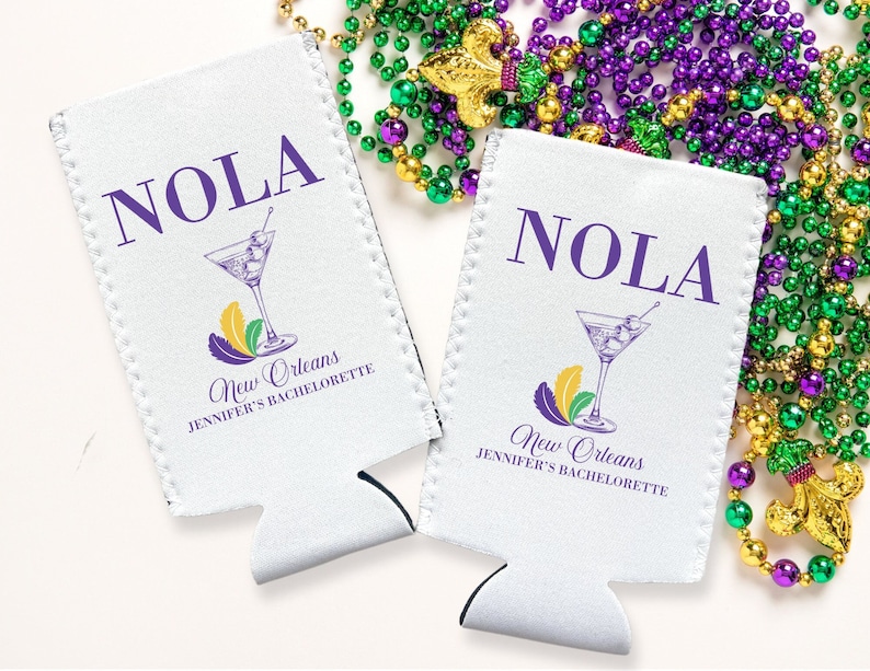 nola New Orleans mardi gras bachelorette koozies, mardi gras themed party slim seltzer can coolers with a martini on it