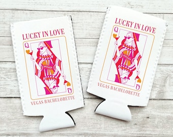 Vegas bachelorette slim can cooler, lucky in love bachelorette, queen of hearts, custom bachelorette seltzer coozies, Vegas party favors