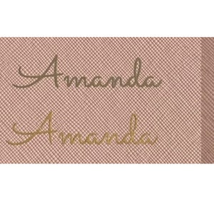 May include: Two close-up images of the name "Amanda" written in gold script on a pink textured background. The top image shows the name in a darker gold color, while the bottom image shows the name in a lighter gold color. The text "Gold:" and "Gold Chrome:" is visible above the images.