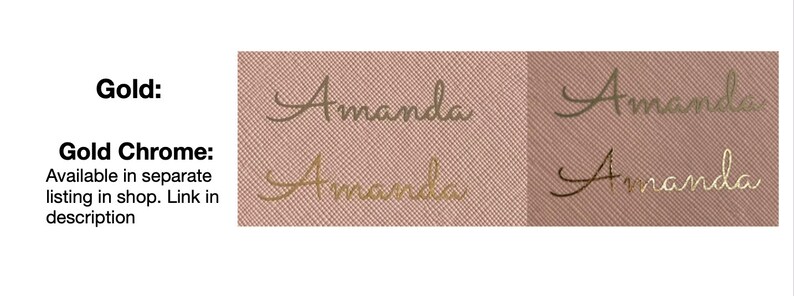 May include: Two close-up images of the name "Amanda" written in gold script on a pink textured background. The top image shows the name in a darker gold color, while the bottom image shows the name in a lighter gold color. The text "Gold:" and "Gold Chrome:" is visible above the images.