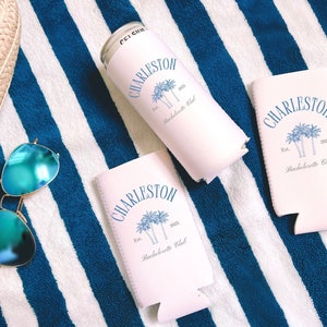 Charleston bachelorette, Charleston bachelorette favors, personalized bachelorette coozie, beach bachelorette party favors, tropical Bach