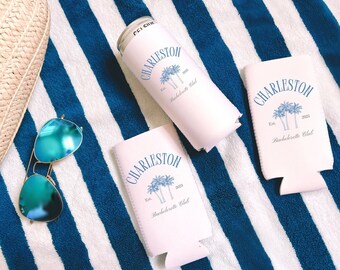 Charleston bachelorette, Charleston bachelorette favors, personalized bachelorette coozie, beach bachelorette party favors, tropical Bach