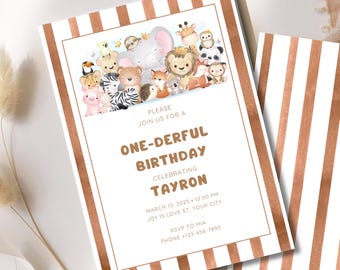 Editable Cute Animals 1st Birthday Invitation | Birthday Party Invite Boy or Girl | Canva Template | Printable Animal Birthday Card