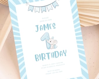 Blue Elephant 1st Birthday Invitation Boy | Editable Printable First Birthday Invite | Free Thank You Card | Instant Download | 5x7 Template