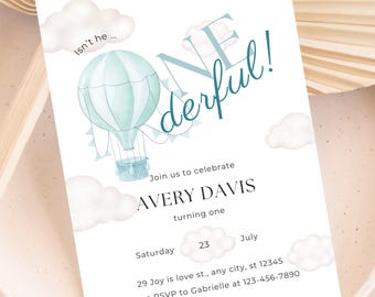 Onederful 1st Birthday Invitation Template, Printable Blue Hot Air Balloon Boy First Birthday Invite, Digital 1st Birthday