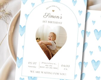 Editable 1st Birthday Invitation Boy with Photo – Blue Heart Arch Design – Canva Template – Instant Download